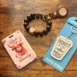 Brown Beaded Key Ring and Card Holder Set Cow, Coffee and Leopard Prints